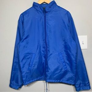 Vintage‎ 80s Izod Blue Nylon Fleece Lined Coach Jacket Stowaway Hood Sz M